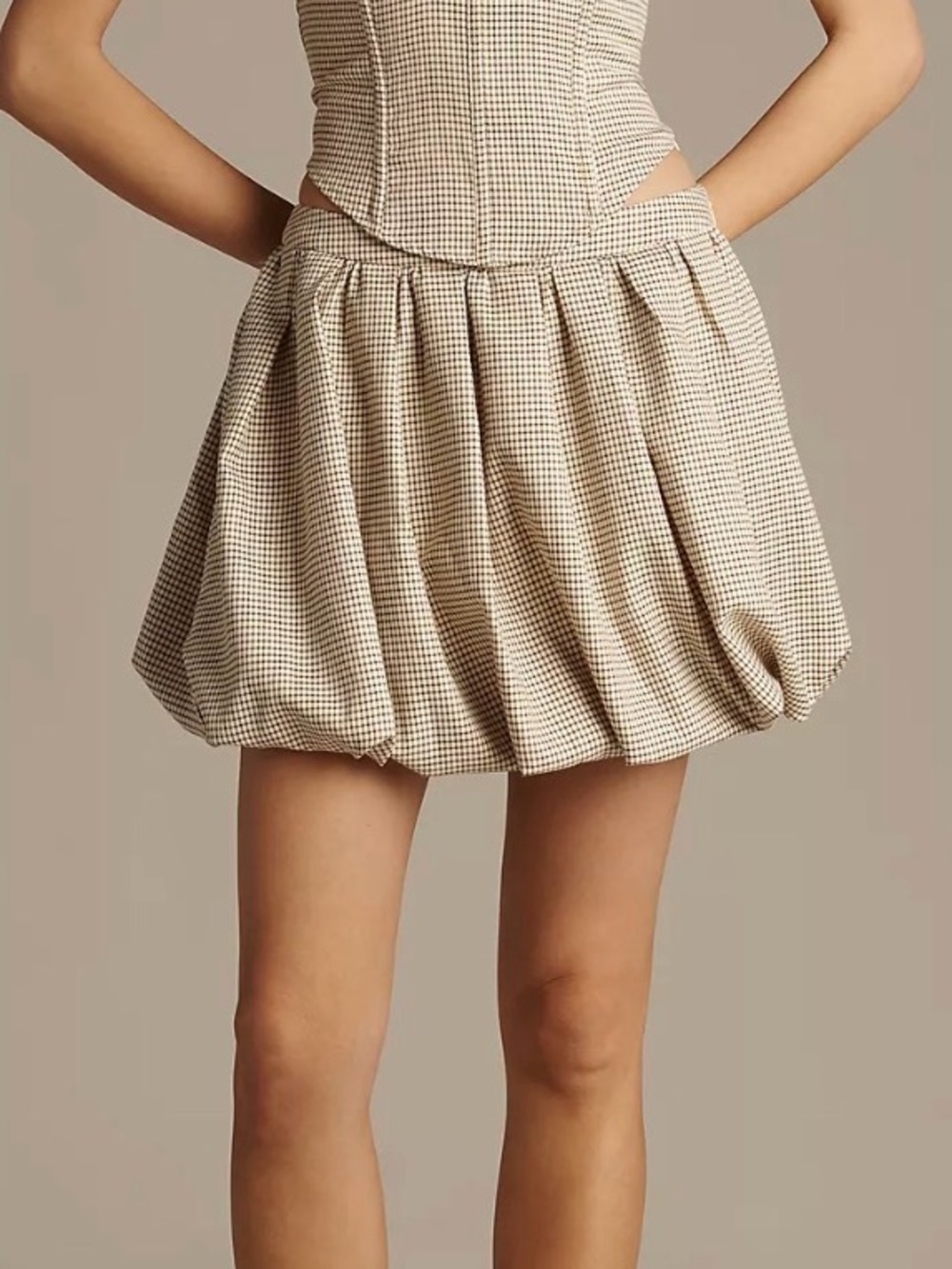ASTR Beige Gingham Bubble Hem Mini Skirt
